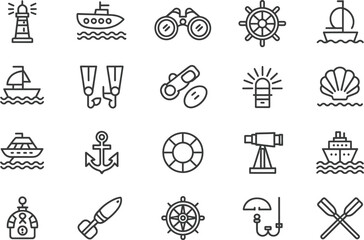 Fototapeta premium Nautical Icons Ships, Lighthouse, Diving Gear