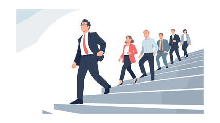 Business Leader Stepping Down Stairs Followed by Team, Symbolizing Leadership and Guidance