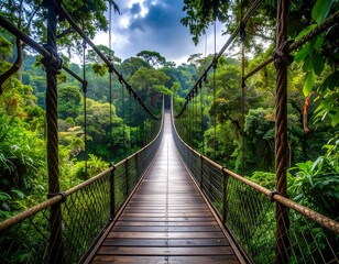 Obraz premium Serene Wooden Suspension Bridge Surrounded by Lush Green Foliage in Enchanting Forest Landscape