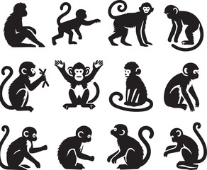 Black and White Monkey Silhouette Vector Set – Sitting, Walking, and Playing Poses