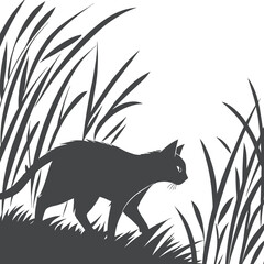Cat Silhouette Walking Through Tall Grass in Nature Scene
