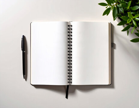 Top view of blank notebook stationery flat lay with pen and plant