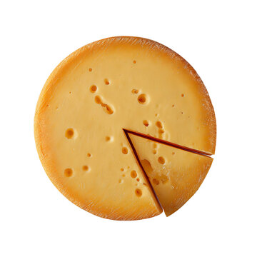Golden Cheese: A top-down, appetizing close-up showcases a wheel of delectable golden cheese. With a perfectly cut wedge, the cheese stands as a symbol of culinary delight and gourmet indulgence.