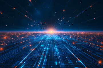Obraz premium Futuristic Technology Grid with Data Streams and Digital Network Visualization