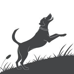 Happy Dog Silhouette Playing Outdoors on Grassy Hill
