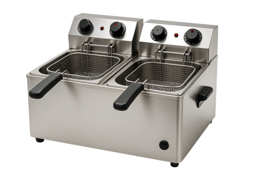 Professional Double Deep Fryer with Stainless Steel Baskets and Temperature Controls Isolated on Transparent Background