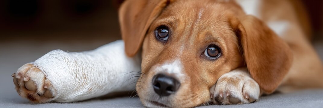 Injured puppy with bandaged leg resting on the floor