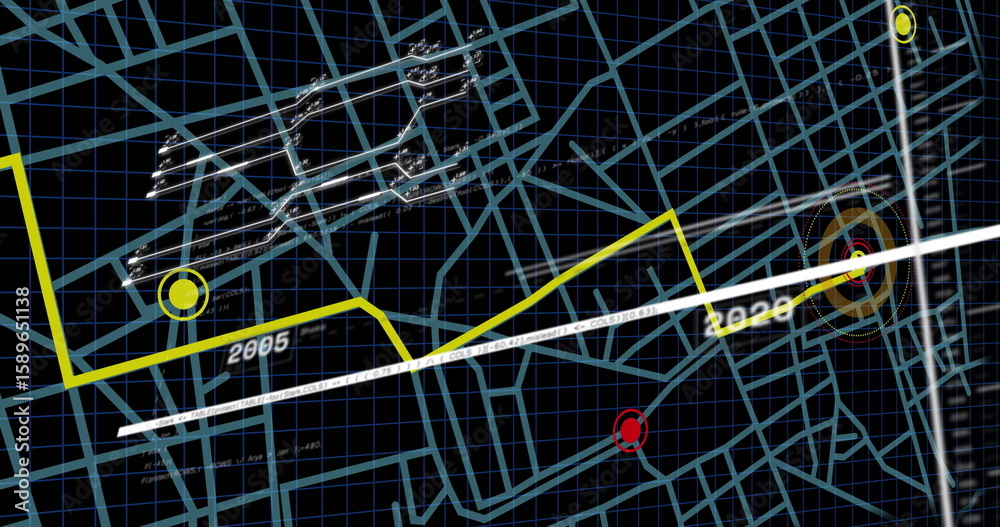 Poster displaying digital timeline map in digital dashboard, with yellow path line and 2005-2020 markers