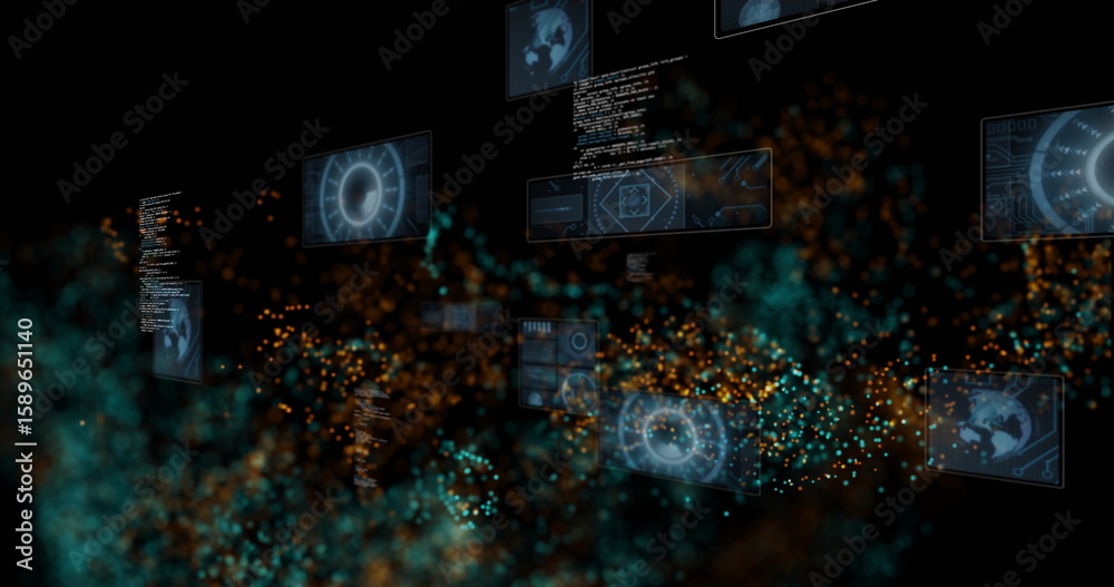 Poster Displaying holographic panel rotating in cyberspace with circular data charts and code snippets