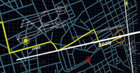 Displaying digital timeline map in digital dashboard, with yellow path line and 2005-2020 markers