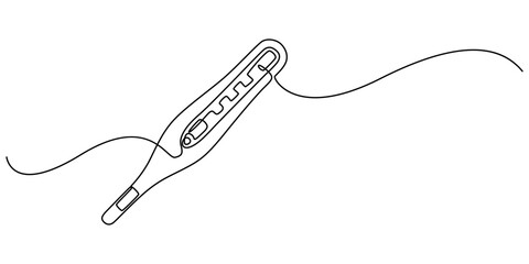 Continuous one line drawing medical thermometer. Medicine, Continuous one line drawing of thermometer for measuring air temperature on white background, Minimalist healthcare concept for temperature.