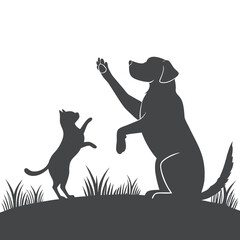 Dog and Cat Playing Together Silhouette on Grass Vector Illustration
