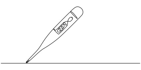 Continuous one line drawing medical thermometer. Medicine, Continuous one line drawing of thermometer for measuring air temperature on white background, Minimalist healthcare concept for temperature.