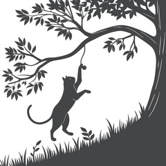 Cat Playing with Tree Branch Silhouette Vector Illustration
