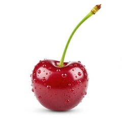 Single red cherry with water droplets isolated on white background