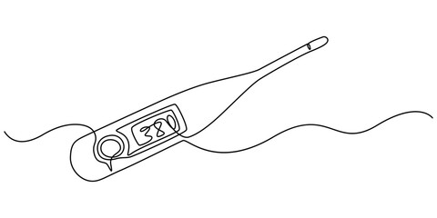 Continuous one line drawing medical thermometer. Medicine, Continuous one line drawing of thermometer for measuring air temperature on white background, Minimalist healthcare concept for temperature.