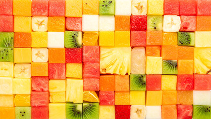 Seamless Pattern of Freshly Diced Tropical Fruits – Vibrant Colorful Fruit Cubes Texture