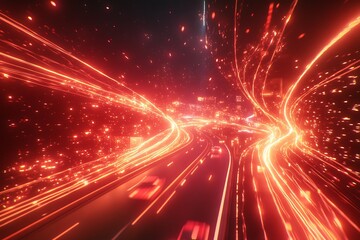 Obraz premium High speed data transmission on highway with illuminated light trails and city backdrop