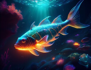 glowing bioluminescent fish in deep sea n dark ocean fantasy scene