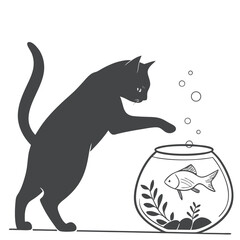 Curious Cat Silhouette Reaching into Fish Bowl with Goldfish
