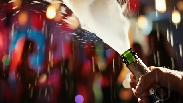 Hand opening a champagne bottle. Champagne cork is popping out. Colorful party lights and blurred crowd in background