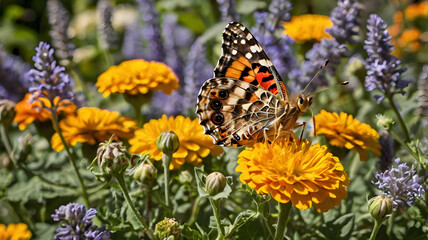 Obraz premium A lush cottage garden bursts with marigolds, daisies, and lavender in full bloom.