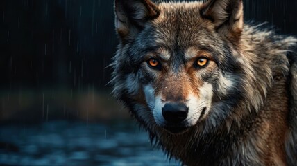 Close-up of a wolf in the rain