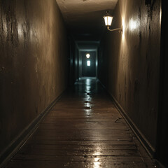 narrow moody corridor with vintage sconce and soft yellow illumination