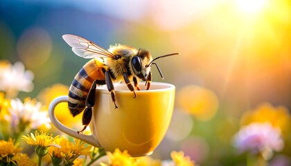 Honeybee on a cup in a meadow at sunrise