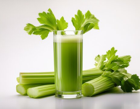 a tall glass filled with fresh green celery juice sits in front of several crisp celery stalks with leafy tops white background