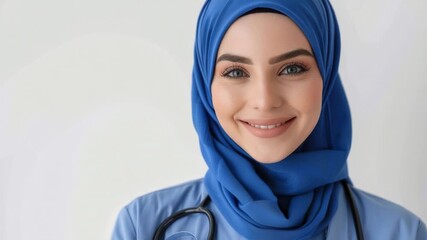 A doctor or medical professional wearing a blue hijab and stethoscope, likely in a healthcare setting - Powered by Adobe