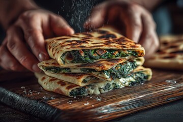 Close-up of gozleme, Turkish stuffed flatbread, with spinach and cheese, held by hands and sprinkled with salt. Concept of gozleme, highlighting warmth and inviting textures.