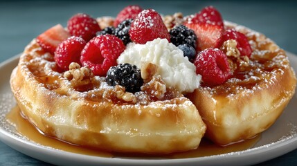 Delicious Belgian Waffles Topped with Fresh Berries, Whipped Cream, Walnuts, and Syrup for Breakfast