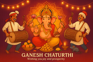Ganesh Chaturthi Celebration with Lord Ganesha and Traditional Dhol Players