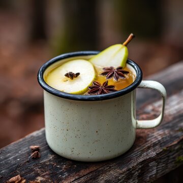 Mulled pear cider in a rustic enamel mug, with slices of pear and star anise
