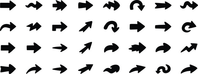 Fototapeta premium Collection of black arrow direction vector icons including curved, straight, rotating, and diagonal pointers