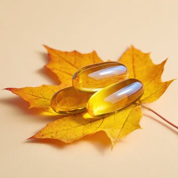 Vitamin D gel capsules on a maple leaf on a beige background