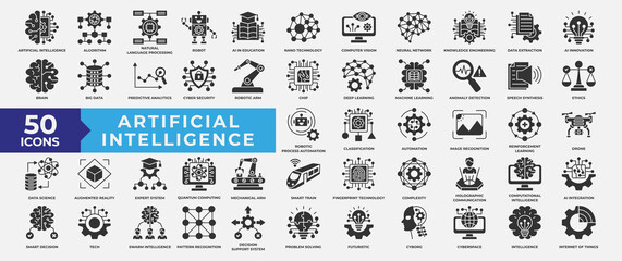 Artificial Intelligence icons set collection. Containing machine, learning, algorithm, neural, network, automation, intelligence, recognition and brain icon. Simple Solid Vector Illustration.