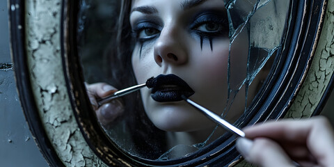 Gothic Makeup Image, Broken Mirror Aesthetic, Dark Beauty Photo, Gloomy Glamour, Halloween Look, Emo Style, Edgy Fashion, Unique Portrait