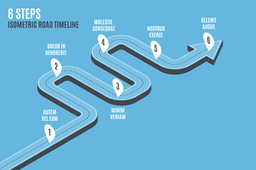 Isometric navigation map infographic 6 steps timeline concept.