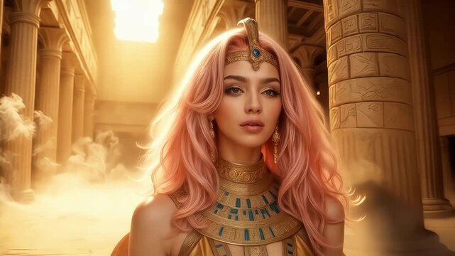A sexy young Egyptian concubine with pink hair in an Egyptian temple of antiquities.
