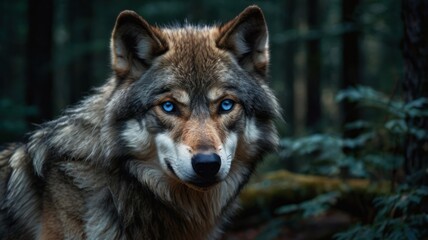 Wolf with striking blue eyes in forest