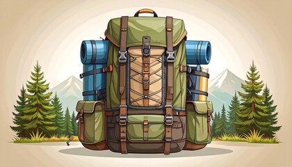 Detailed Illustration of a Camping Backpack Surrounded by Nature with Mountains and Trees in the Background
