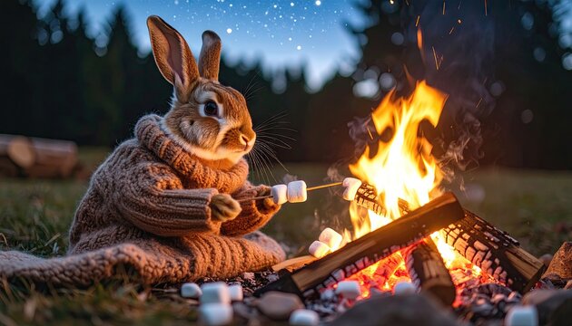 A rabbit in a sweater roasting marshmallows by a campfire at night