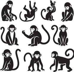 Black and White Monkey Silhouette Vector Set – Sitting, Walking, and Playing Poses