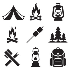 Vector art of an array of camping essentials, from tents and campfires to lanterns and backpacks, ready for an outdoor adventure, isolated on white background