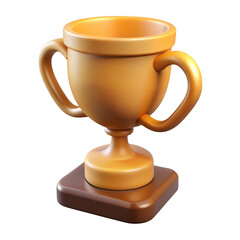 3D Golden trophy with two handles on a brown square base isolated on transparent background