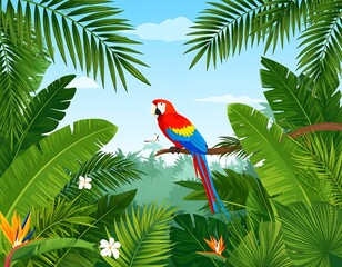 Vibrant Tropical Scene with Colorful Parrot Surrounded by Lush Greenery and Exotic Plants