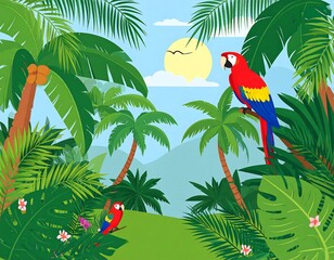 Vibrant Tropical Scene Featuring Colorful Parrots Amidst Lush Greenery and a Bright Sun