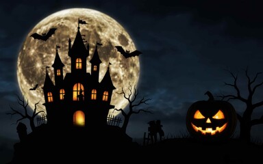 Spooky halloween night with haunted castle glowing pumpkin and bats
